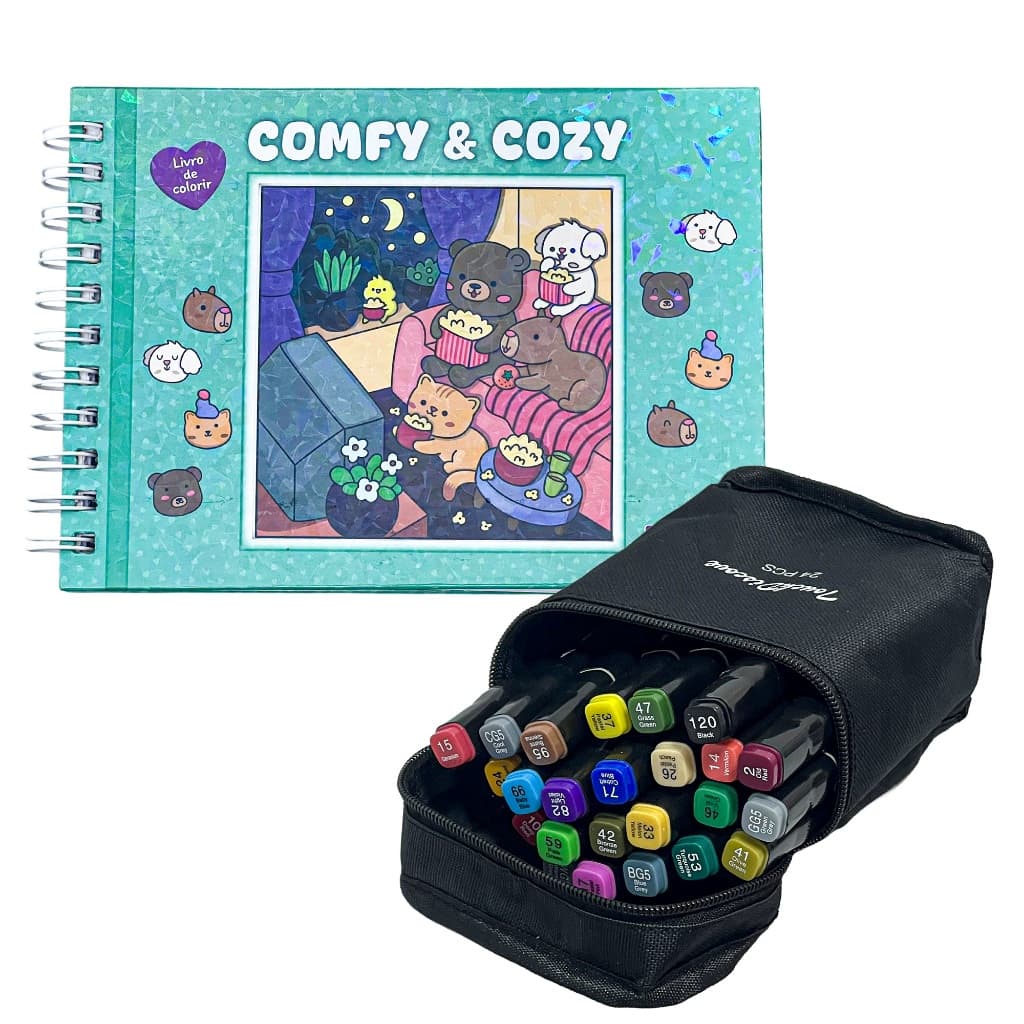 Livro De Colorir Comfy & Cozy Capa Dura + 24 Marcadores Ponta Dupla