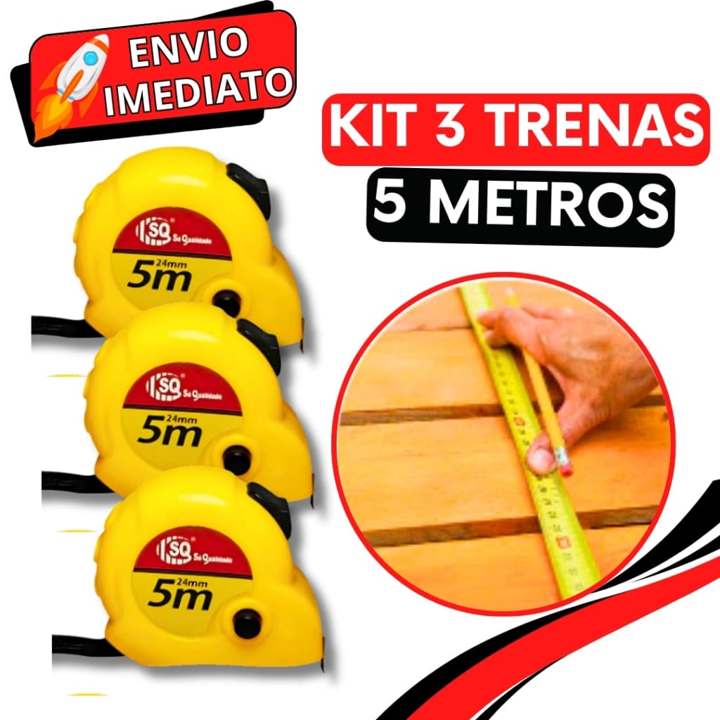 KIT Jogo 3 Trenas Métrica de Medição 5 Metros Profissional Fita Métrica Retrátil Resistente Para Obras e Reforma