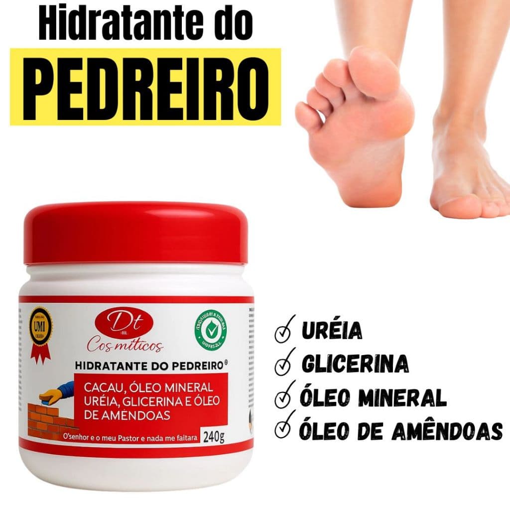 Creme Hidratante do Pedreiro 240g com Ureia Para Pés Rachados Glicerina Óleo de Amêndoas Cacau Corpo Mão
