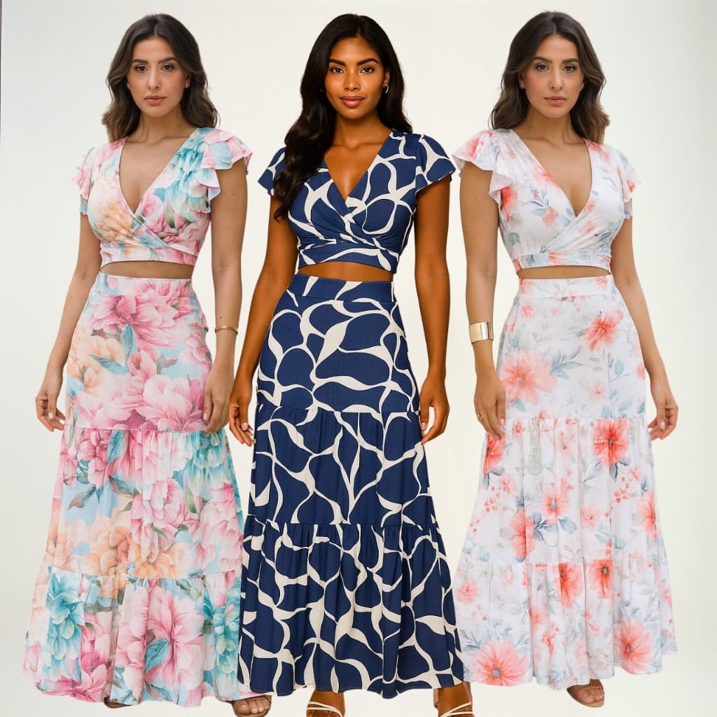 conjunto feminino saia 3 marias saia três marias e cropped estampado fresquinho verão atemporal
