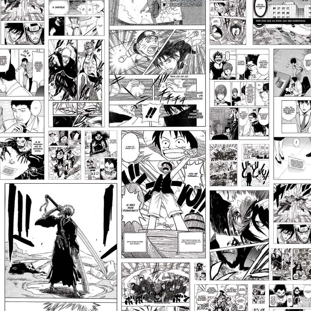 Papel Parede Autocolante Mangá Anime Colagem Painéis HQ Preto Branco Visual Impactante Ambiente Geek Moderno