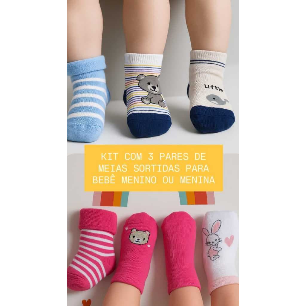 Kit com 3 pares de meias para bebe menina ou menino 14 ao 17 sortidas cores e modelos
