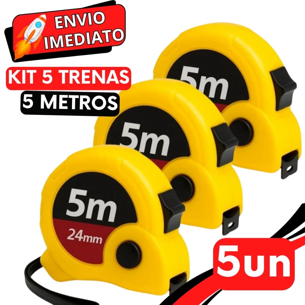 KIT Jogo 5 Trenas Métrica de Medição 5 Metros Profissional Fita Métrica Retrátil Resistente Para Obras e Reforma
