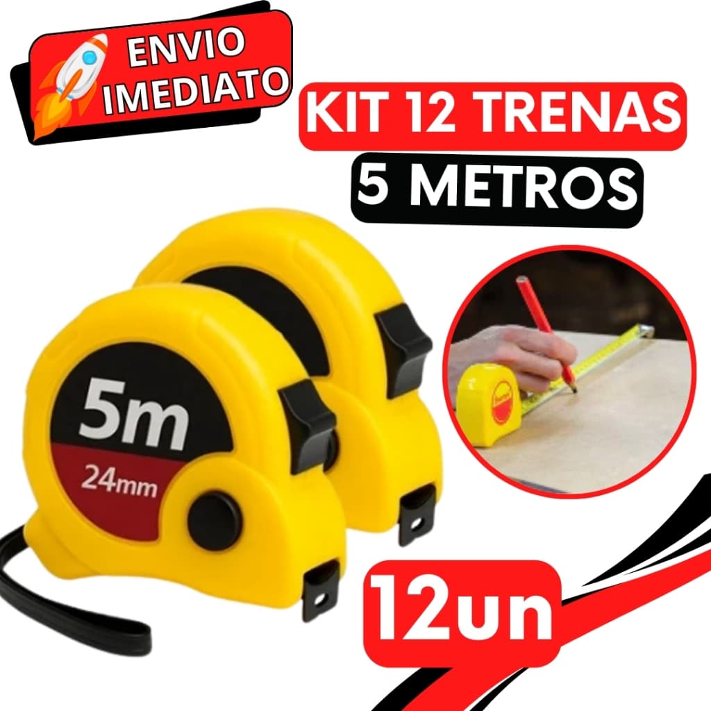 KIT Jogo 12 Trenas Métrica de Medição 5 Metros Profissional Fita Métrica Retrátil Resistente Para Obras e Reforma