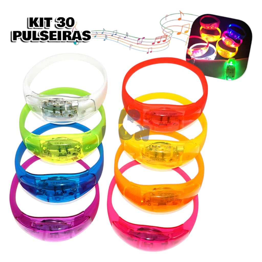 Kit 30 Pulseiras de LED Ativada por Som, Música e Movimento: Acompanhe o Ritmo da Festa