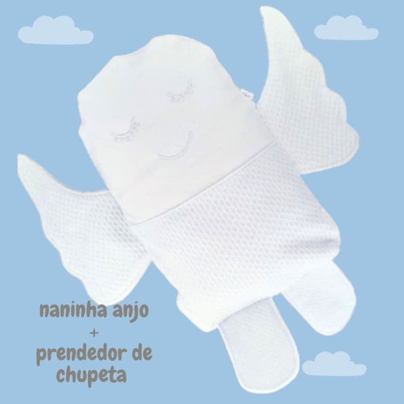 Naninha Anjo da Guarda para Bebê com Prendedor de Chupeta Anjo da Guarda para Batizado 100% Algodão Conforto para o Bebê