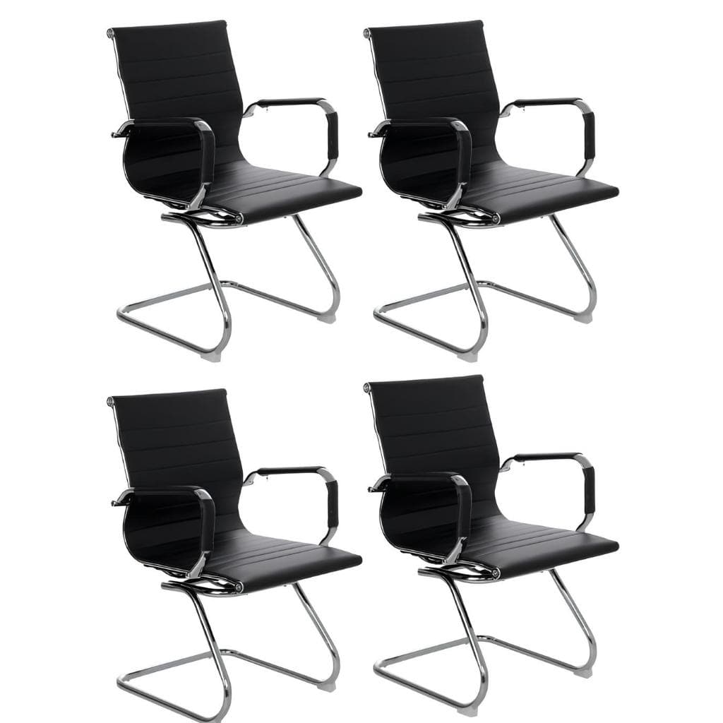 Kit 4 Cadeiras De Escritório Fixa Interlocutor Ergonômica Em Couro Preta - Momo Design