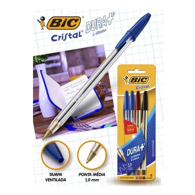 Caneta 1.0mm Bic Cristal Blister Com 4 Canetas 2 azul vermelha e preta Esferográfica