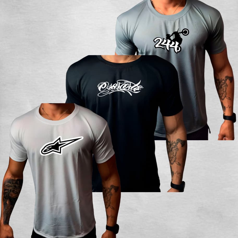 Kit 3 Camisa Camiseta MOTOQUEIRO Masculina para Esporte – Tecido DryFit Furadinho com Modelagem Slim