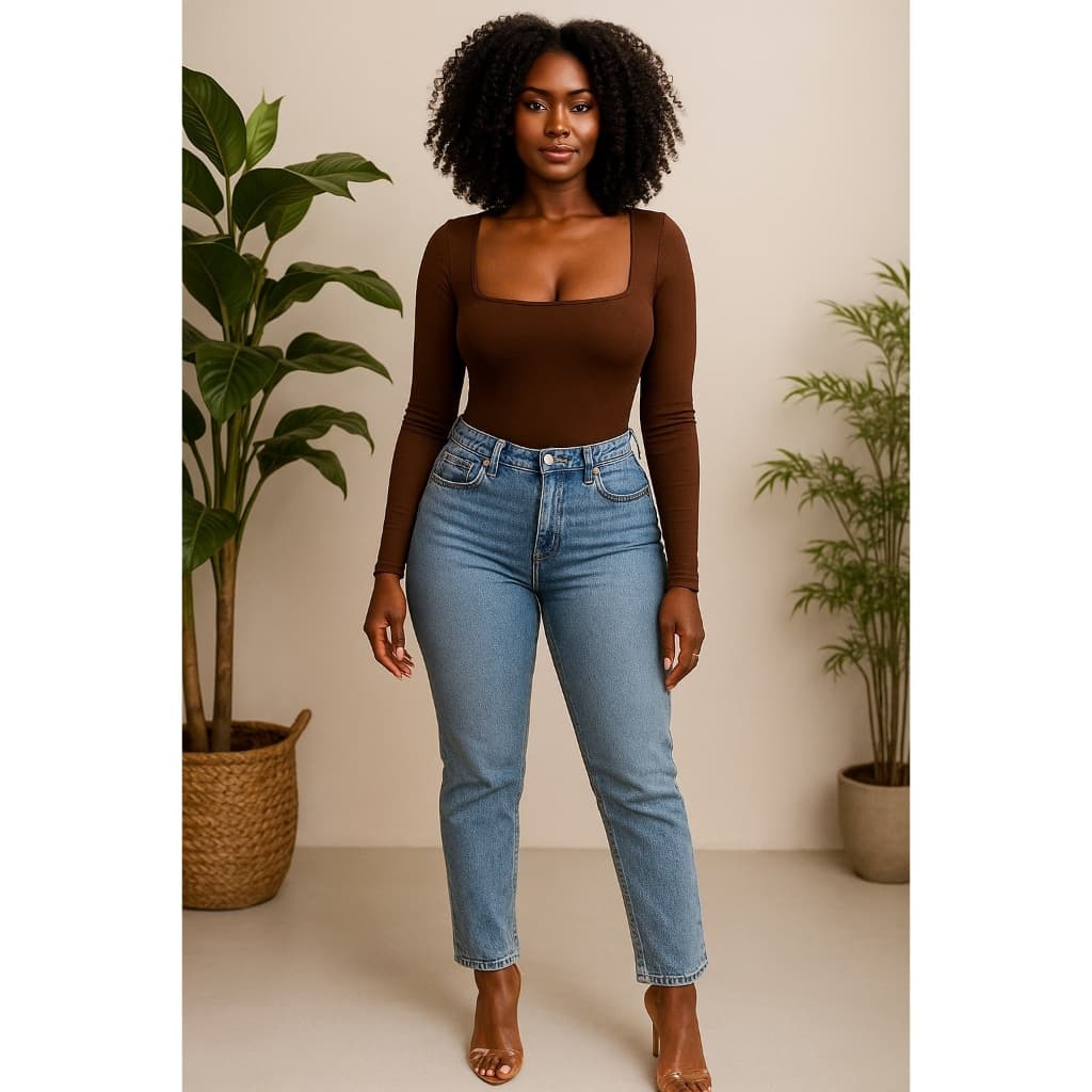 Body Feminino Manga Longa Decote Quadrado Casual Confortável Estiloso