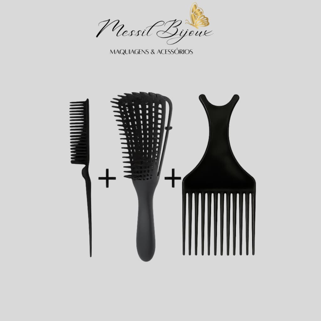 Kit Cuidados Para Cabelos Cacheados & Crespos CORES SORTIDAS - Escova Polvo - Pente tres fileiras & Pente Garfo.