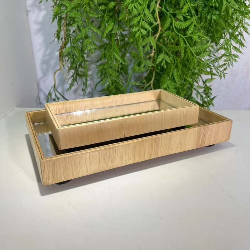 KIT BANDEJA DE MADEIRA P/G RETANGULAR CLARA - Decorativa Espelho Decoração Aconchegante Organizadora