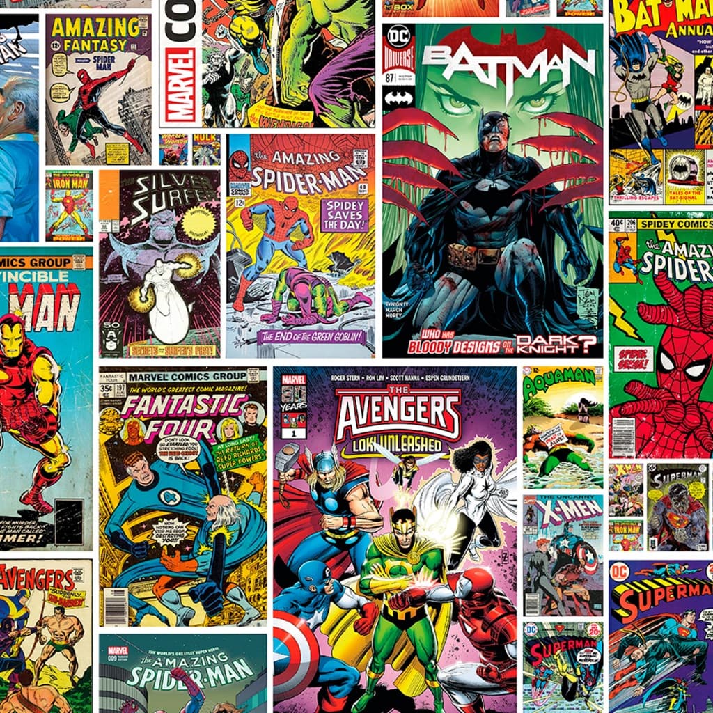 Papel de Parede Quadrinhos Heróis Estilo Comics Mural Colecionador 0,48x3m ou 0,48x1,5m Ambiente Moderno