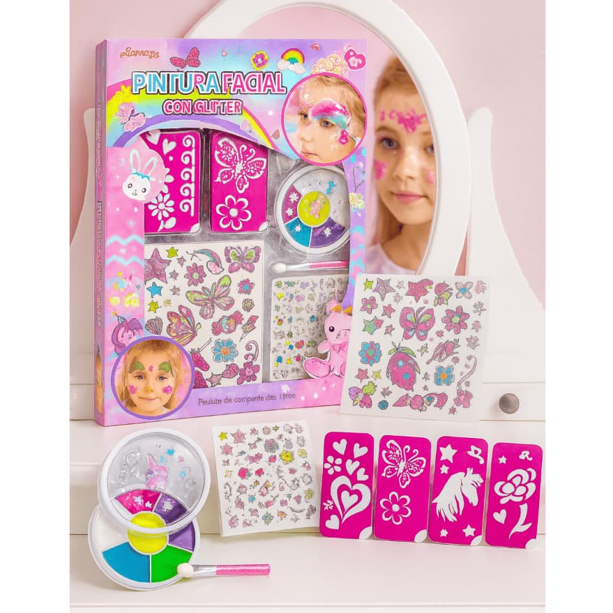 Kit Maquiagem Infantil Pintura Facial 6 Cores Pincel Adesivos e Estênceis Meninas Crianças Diversão