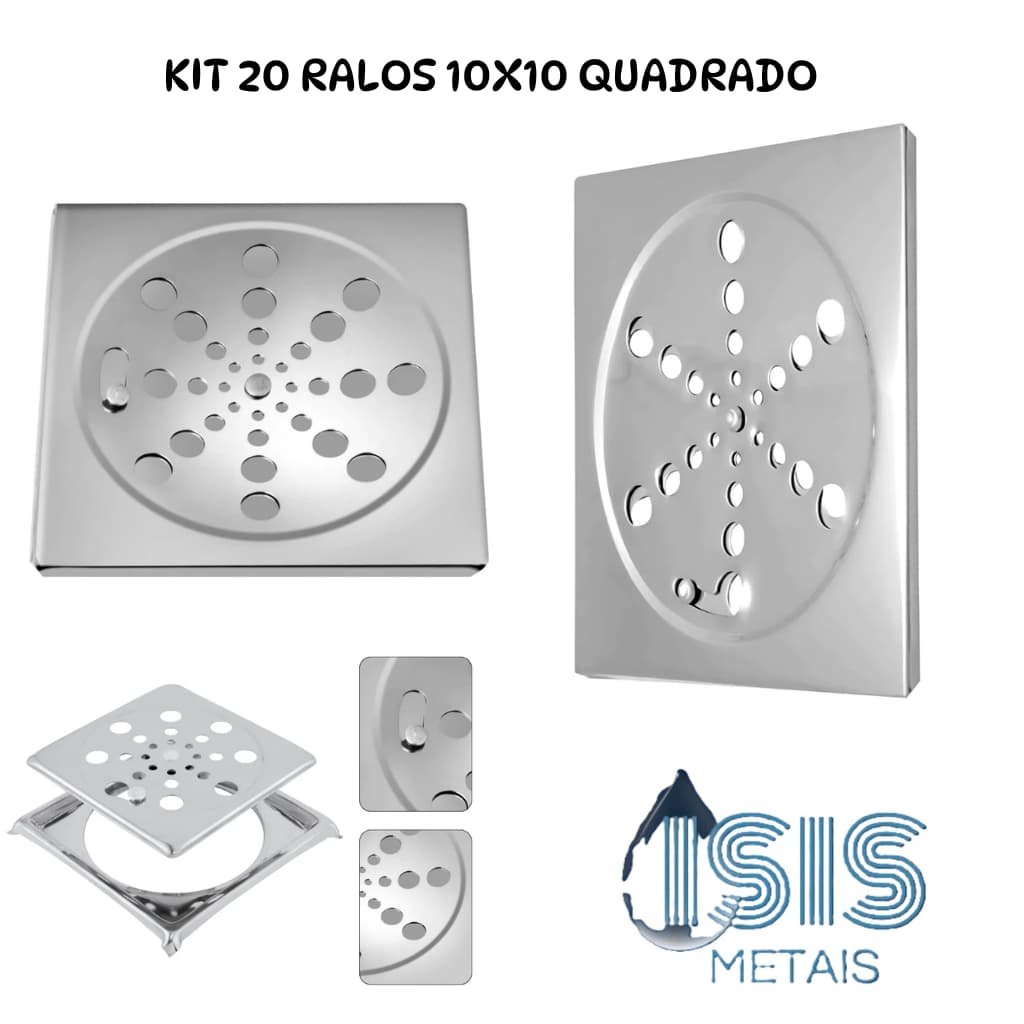 Kit com 20 Ralos Completos 10x10 cm – Quadrado Cromado com Tampa Removível e Grelha