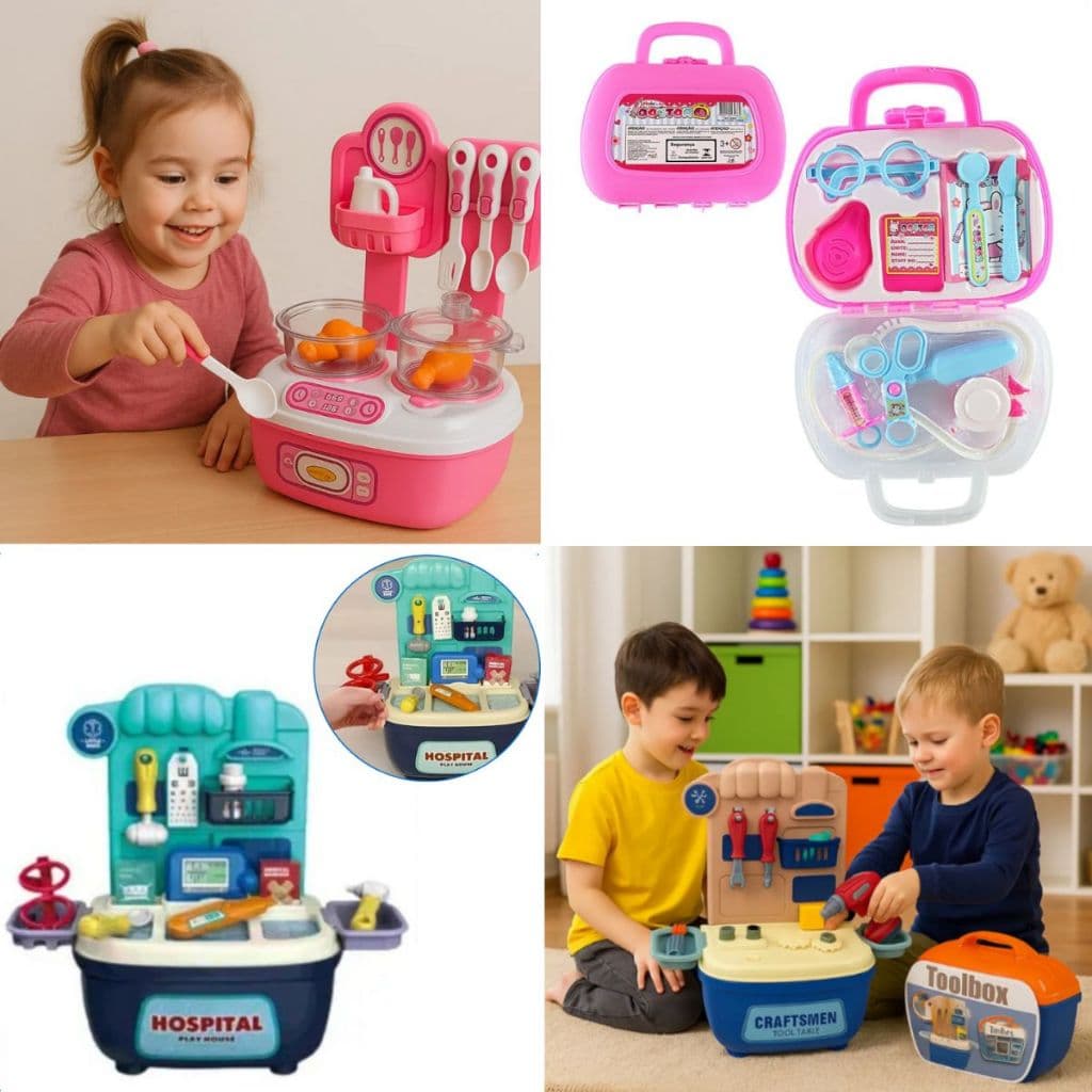 Mini Maleta Infantil Médico, Dentista, Cozinha Cheff, Caixa de Ferramentas, Salão de Beleza, Médica