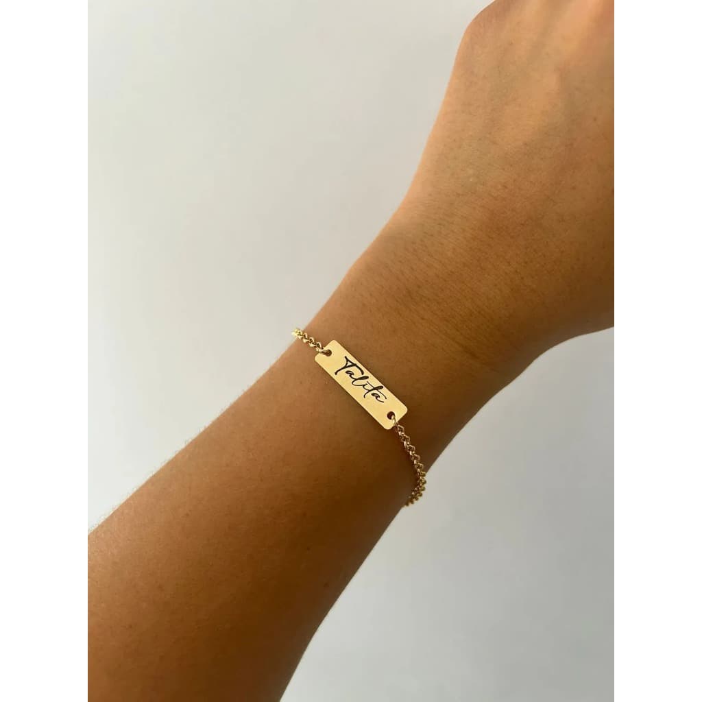 Pulseira Chapinha Personalizada Nome Laser em Banho de Ouro