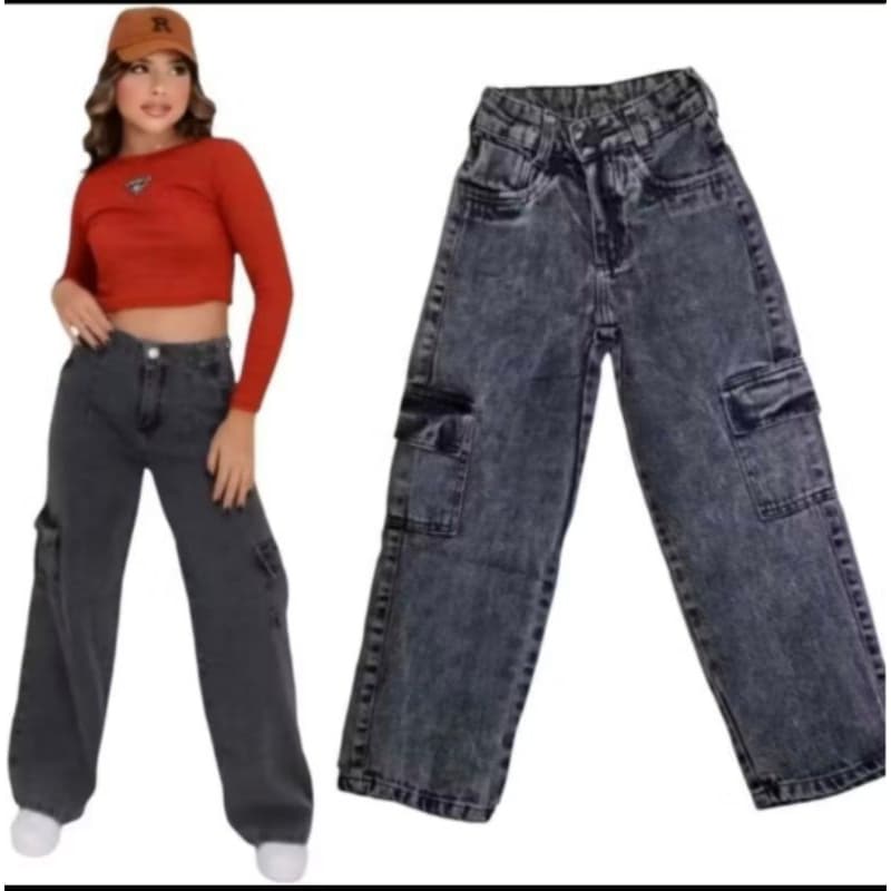 calça cargo grafite jeans juvenil com regulagem bloquerinha menina calça wide leg infantil Tam 10 12 14 16