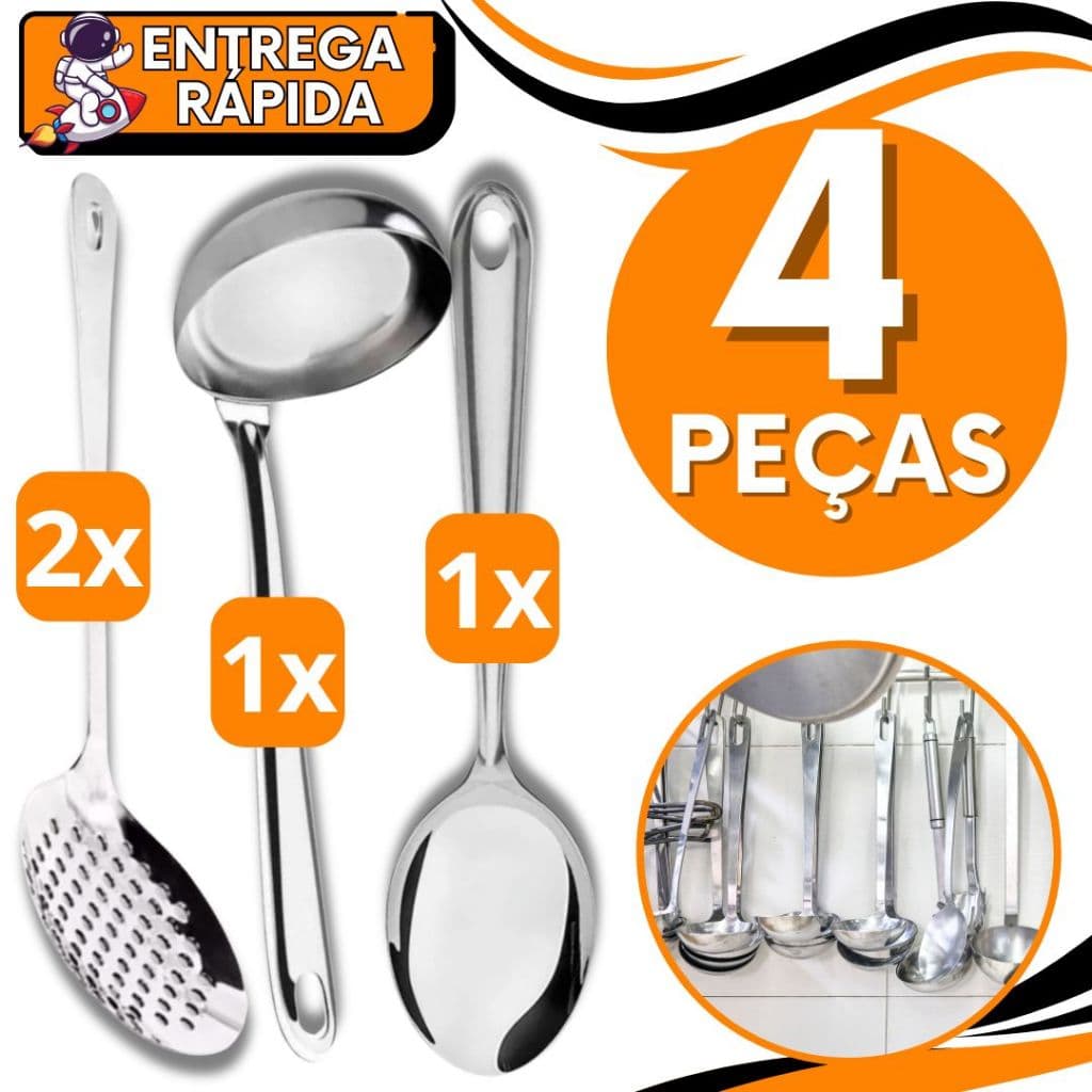 KIT JOGO 4 Colher Servir Concha Escumadeira Fritura Caldos Feijão Arroz Resistente Aço Inox Escoa Coa Serve Pega Caldo