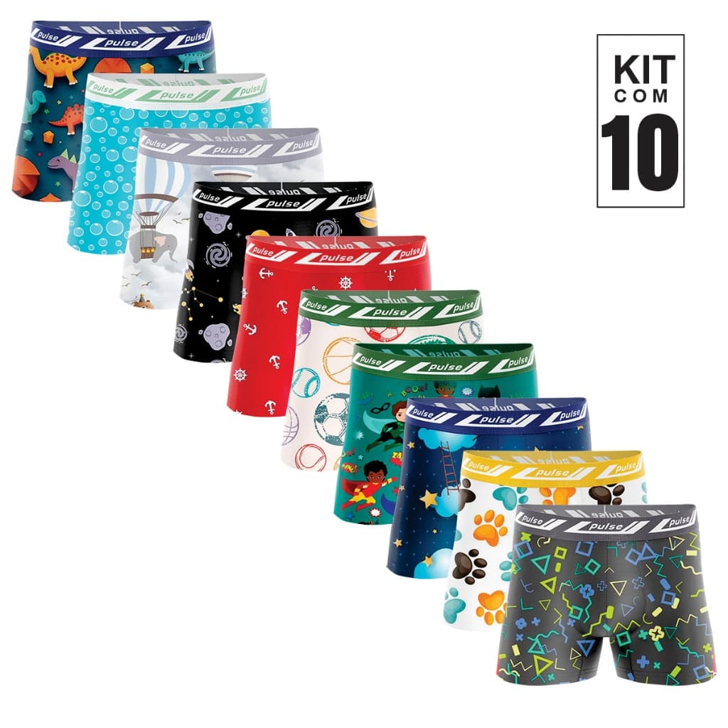 Kit com 10 Cuecas Boxer Infantil desenho Menino Criança Personagens