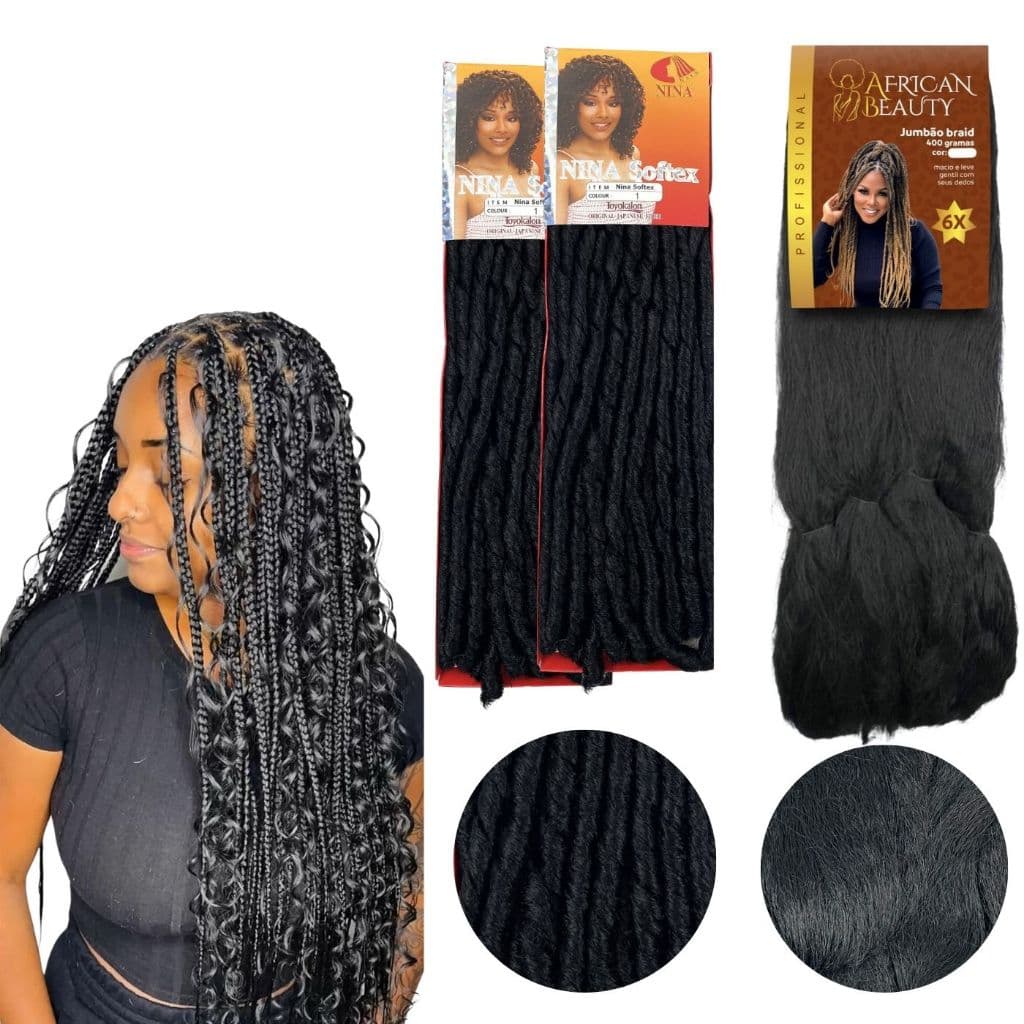 Kit Tranças 2 Nina Softex e 1 Jumbo 400g Cabelo Sintético Afro Natural Para Box Braids, Twist e Alongamento