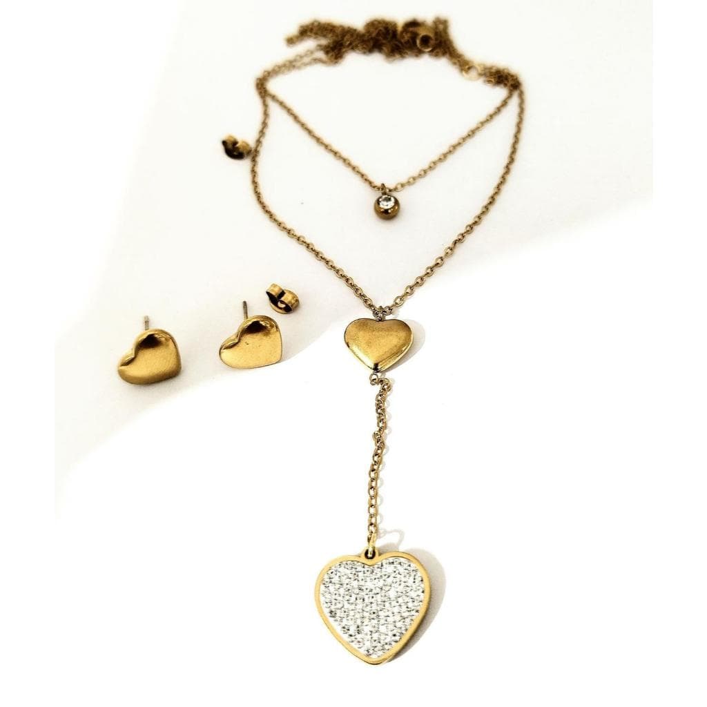 Colar Triplo Encanto + Brincos de Coração Amor em Camadas