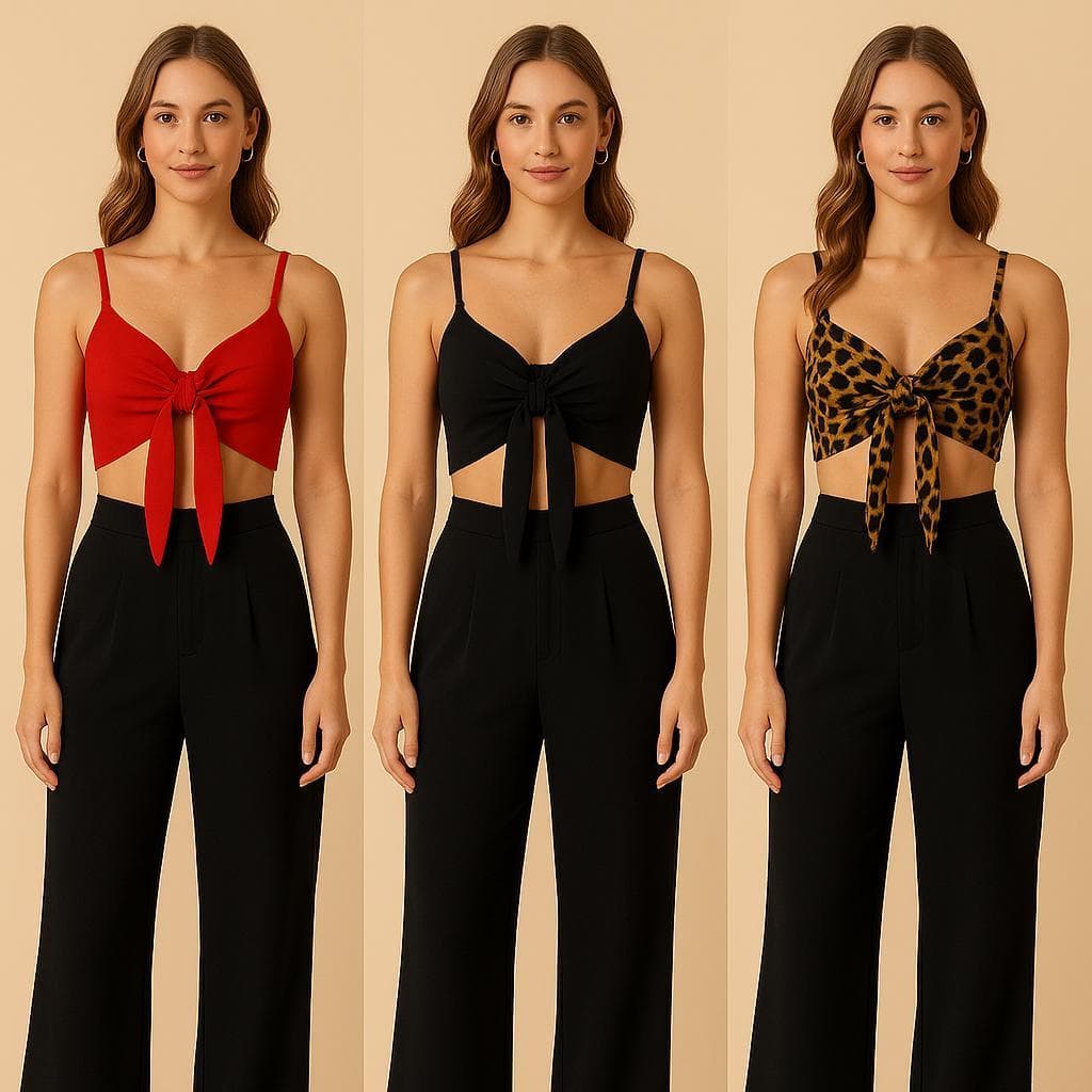 Cropped Feminino Tecido Duna c/ Bojo | Alças Finas Ajustáveis | Amarração Frente | Moda 36 ao 42