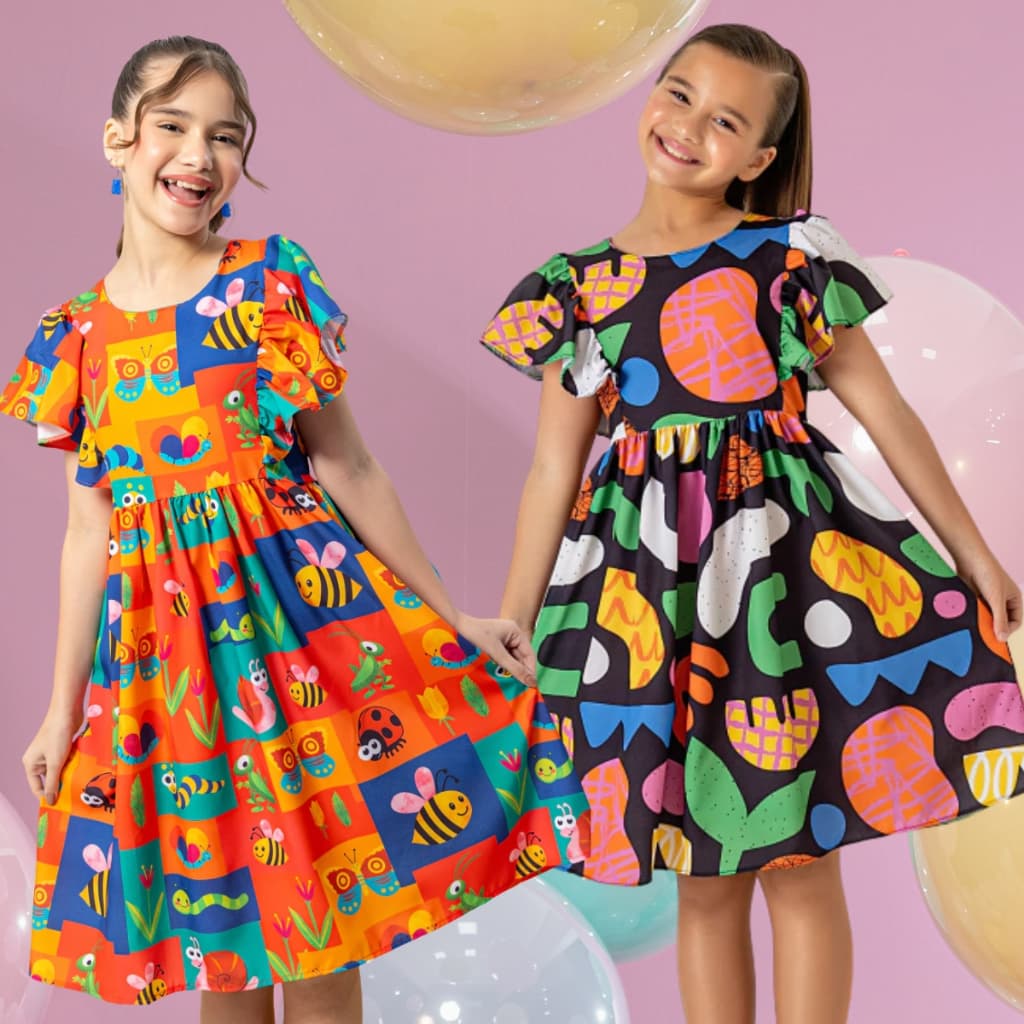 Kit 2 Vestidos Infantil Menina Blogueirinha Colorido Estampado Festa Moda Evangelico Babado Feminino