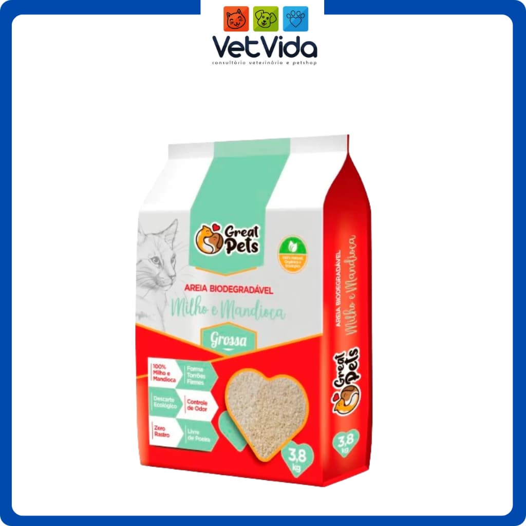 AREIA BIODEGRADÁVEL GREAT PETS MILHO / MANDIOCA - GROSSA 3,8KG
