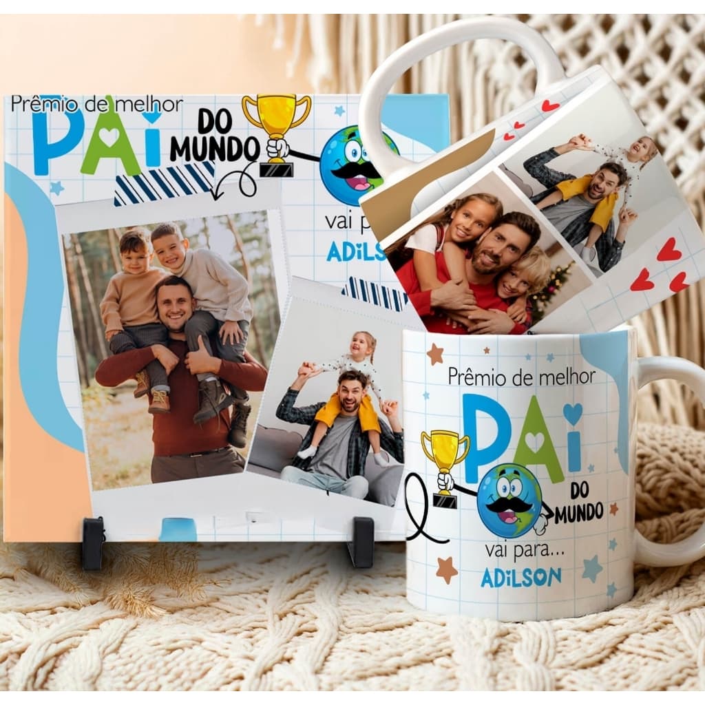 Azulejo Quadro decorativo 20x20 cm e caneca de Porcelana personalizado com foto Pai