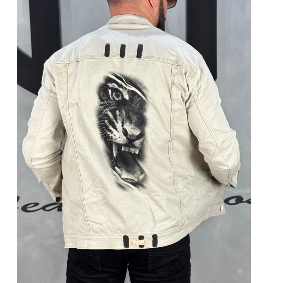 Jaqueta Jeans Bege Masculina Premium Estampada Tigre Streetwear Moderna JST Jeans