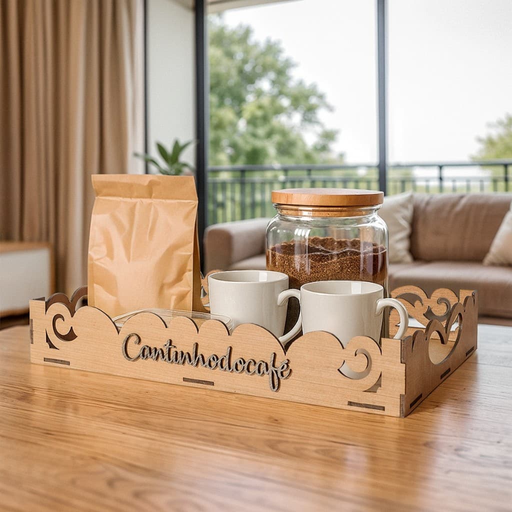 Bandeja de MDF Cantinho do Café Decorativa 26x16cm Organização Xícaras Açúcar Tabaco Nogueira