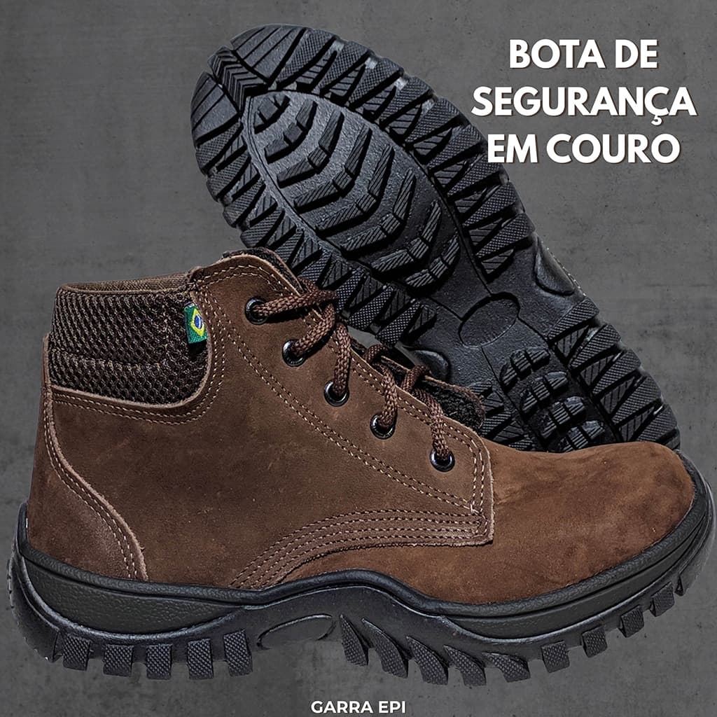 Bota de Couro Legítimo EPI Solado Adventure Antiderrapante Botina Segurança Trabalho Indústria Obras