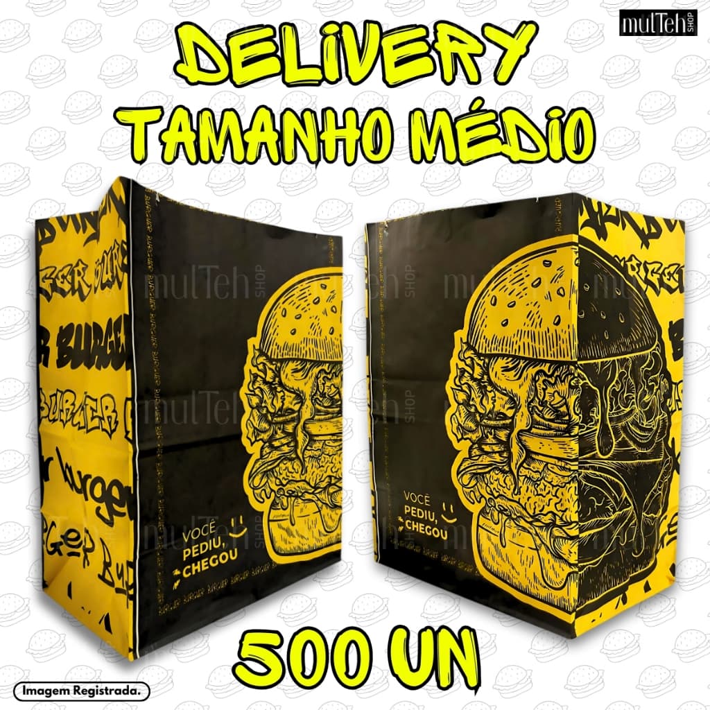 500 Un Saco Para Delivery Kraft SOS Médio 26x19x12 Preto Amarelo