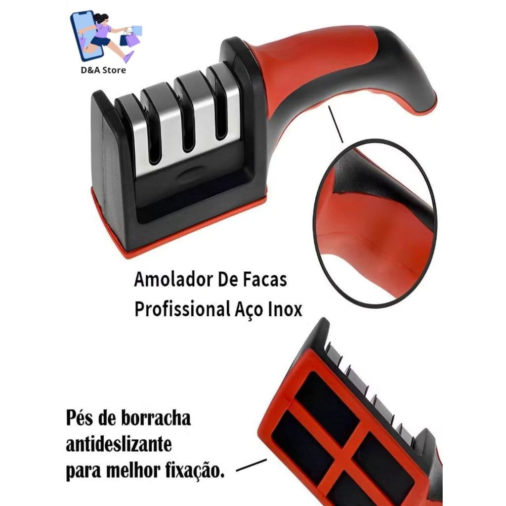 Afiador De Faca 3 Estágios Amolador Profissional Ferramenta Com Afiação Rápida Base Emborrachada