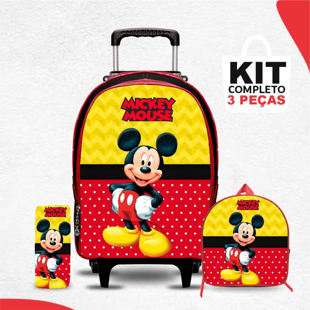Kit mochila escolar Mickey com lancheira e Estojo - com Rodinhas - Menino -Masculino