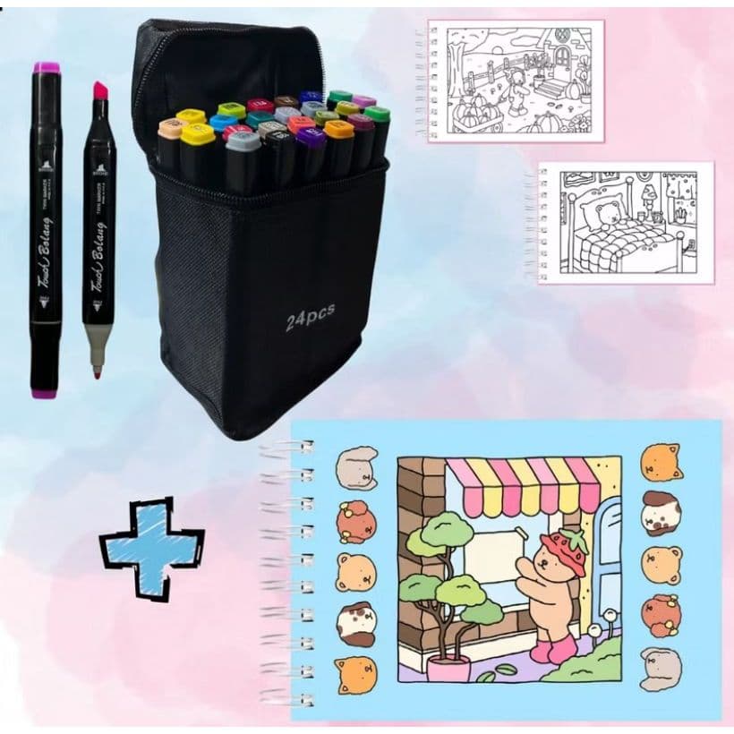Kit Canetinhas Ponta Dupla + Livro de Colorir Capa Dura – Criatividade sem limites!