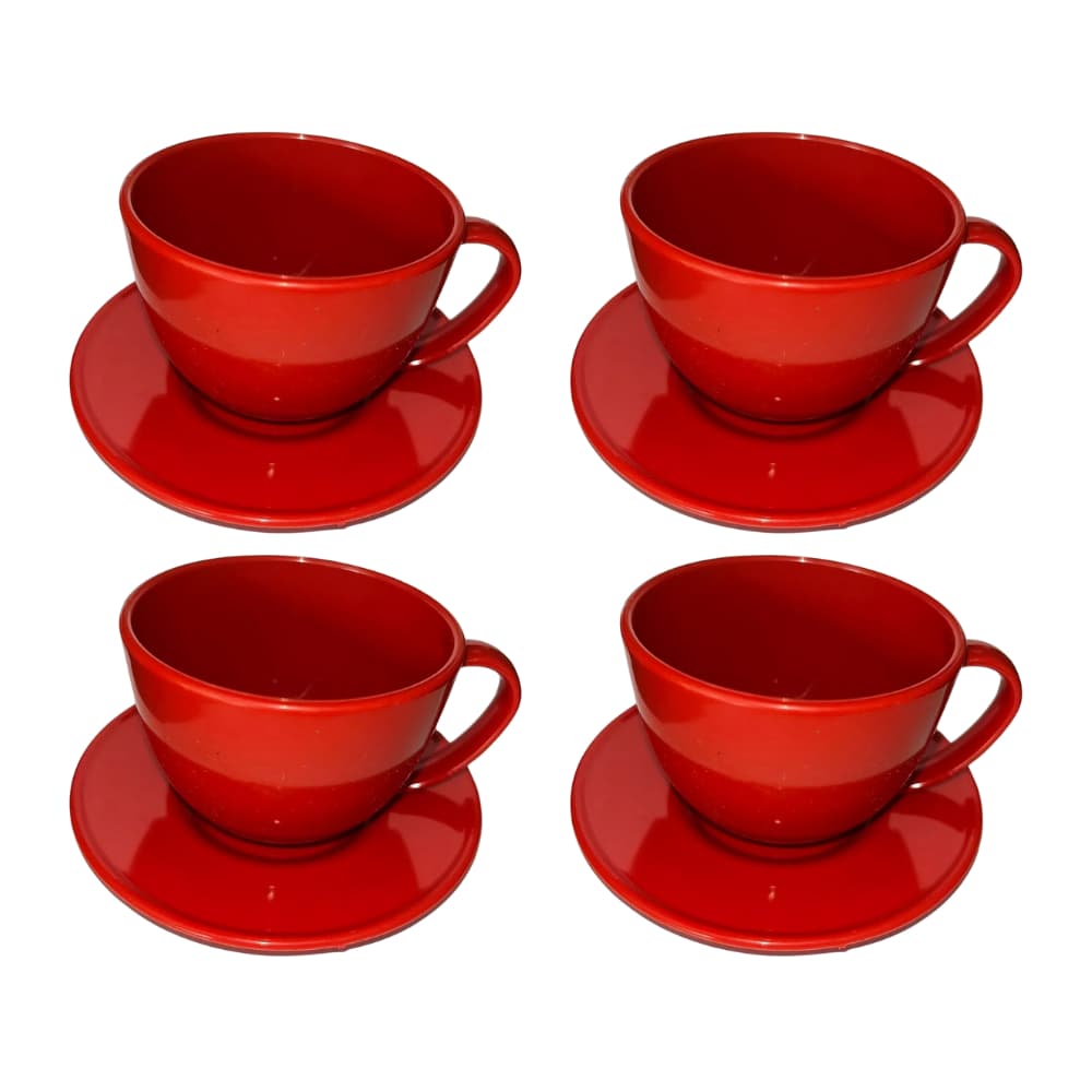 Kit 4 Xícaras de Café 180ml com Pires Acrílico Vermelho Resistente Elegante para Café Expresso