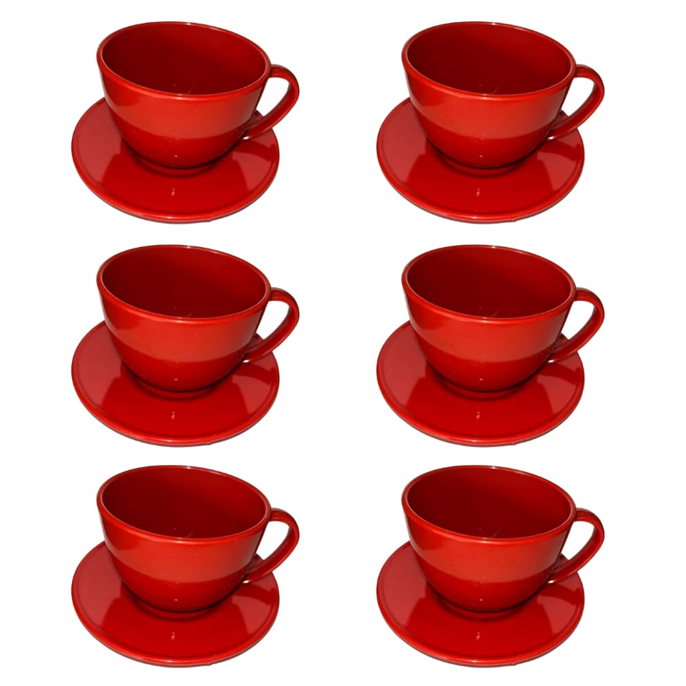 Kit 6 Xícaras de Café 180ml com Pires Acrílico Vermelho Resistente Elegante para Chá Cantinho Café