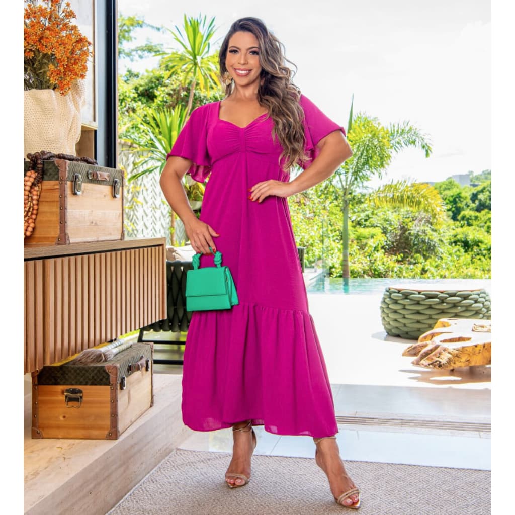 Vestido Longo Feminino Duna Liso Manga Curta Evangélica