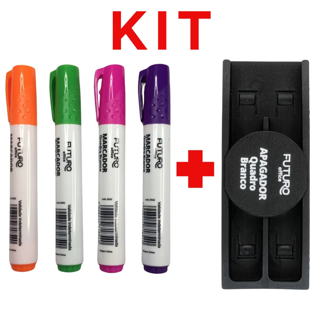 Kit Marcador Quadro Branco 4 Cores + Apagador Professor Curso