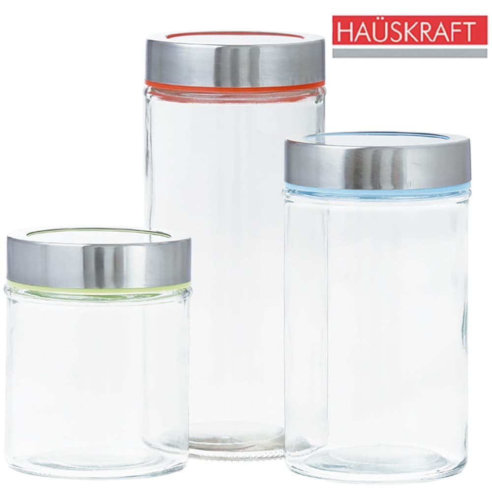 CONJUNTO DE POTE DE VIDRO REDONDO COM TAMPA HERMETICA DE INOX HAUSKRAFT 3 PECAS