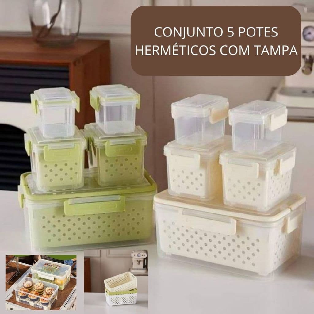 Conjunto Kit 5 Potes Herméticos Plático com Tampa e Cesto organizadores Geladeira - Sortida
