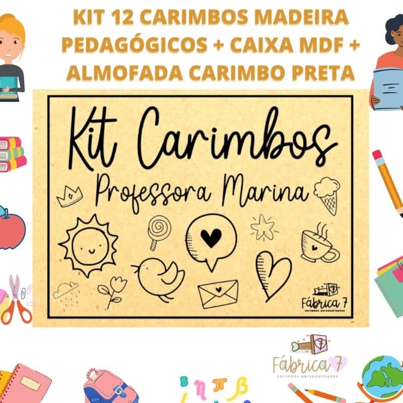 Novo - Kit 12 carimbos de madeira pedagógicos personalizados + caixa mdf com gravação a laser + almofada de carimbo