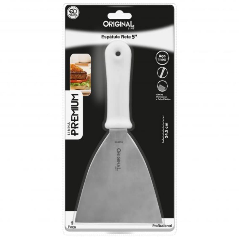 ESPATULA DE COZINHA RETA DE INOX CABO PLASTICO BRANCO PREMIUM 5'' 24,5CM