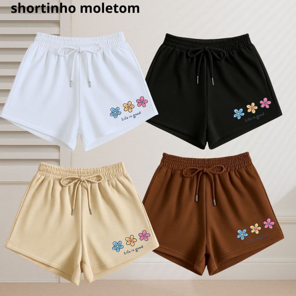 Shortinho Short Moletom Feminino Casual Dia a Dia Academia Trio Florzinhas