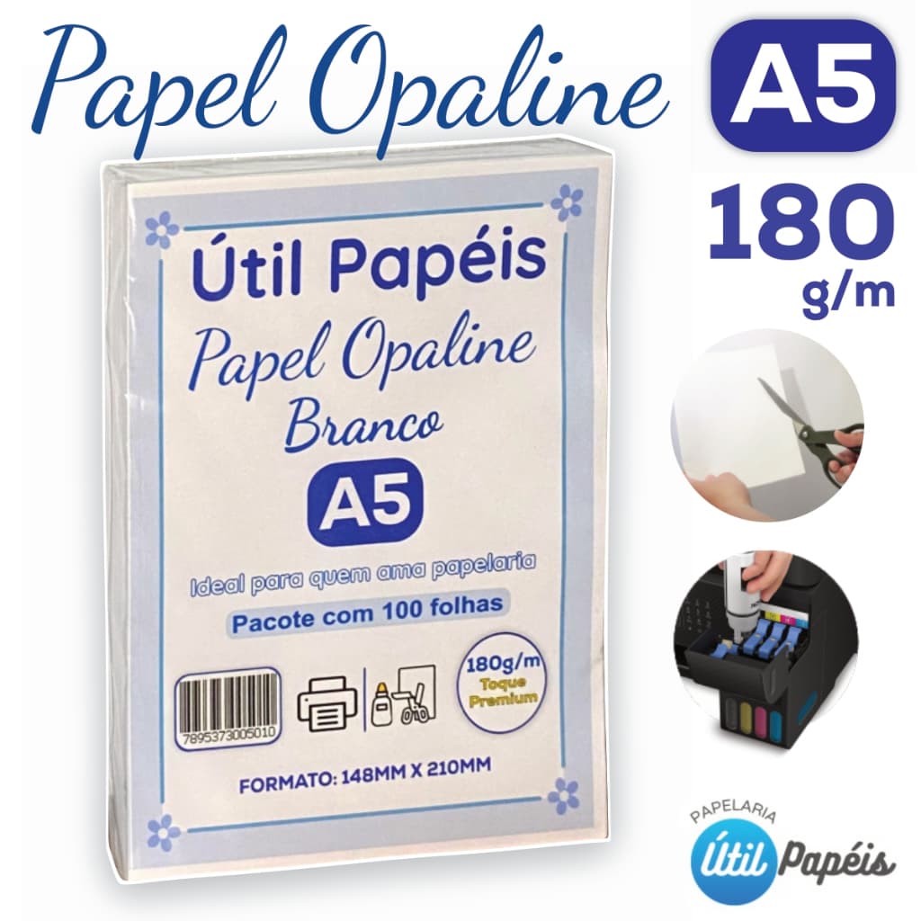 Papel Opaline 180g A5 - Pacote com 100 Folhas Branco Folha lisa OffSet 148x210 Jato de tinta e Laser