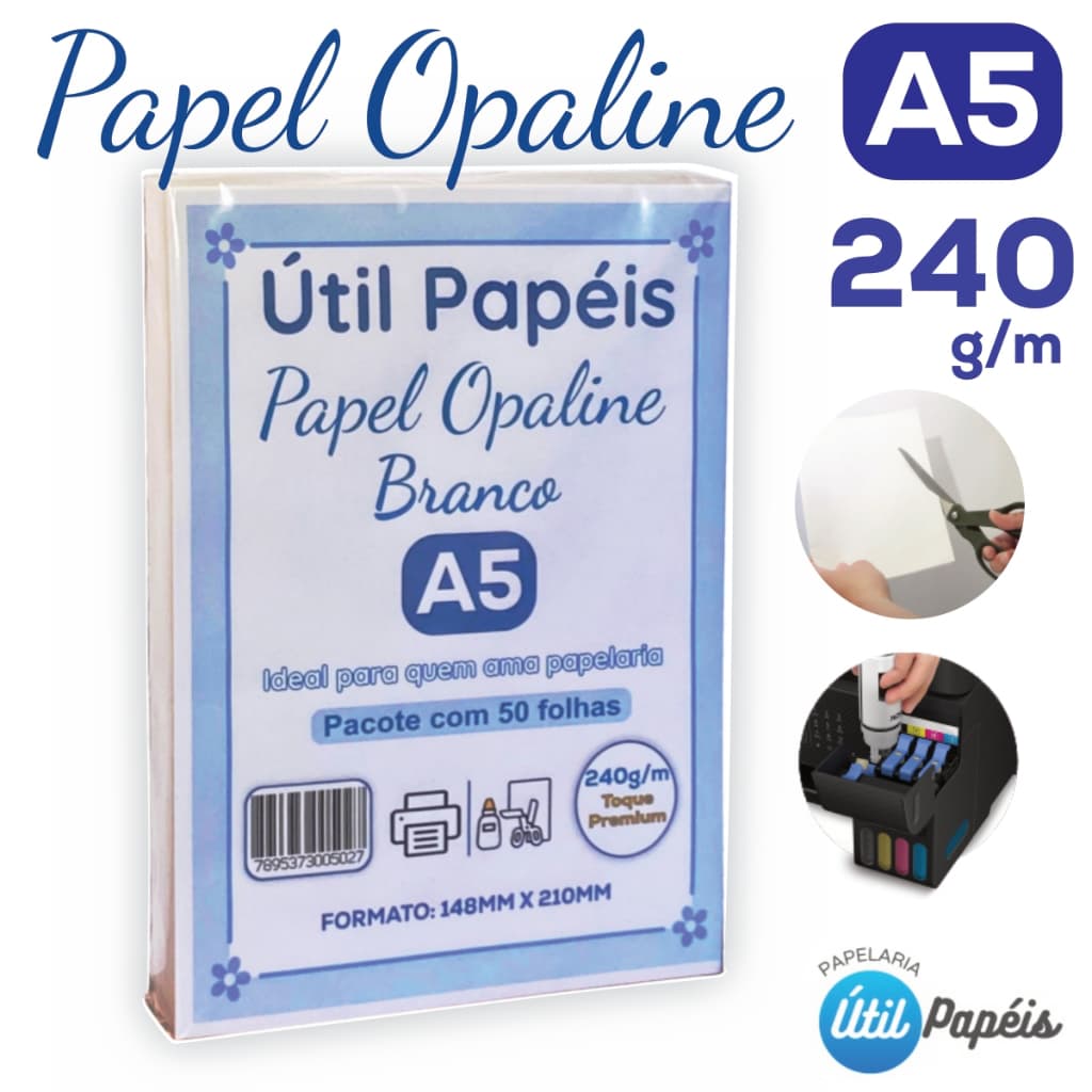 Papel Opaline 240g A5 Pacote com 100 Folhas - Branco Folha lisa OffSet 148x210 Jato de tinta e Laser
