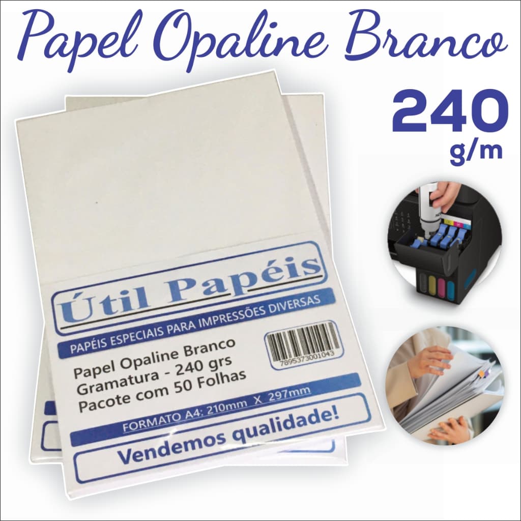 Papel Opaline 240g A4 Pacote com 25/50 Folhas - Branco lisa OffSet 210x297mm Jato de tinta e Laser