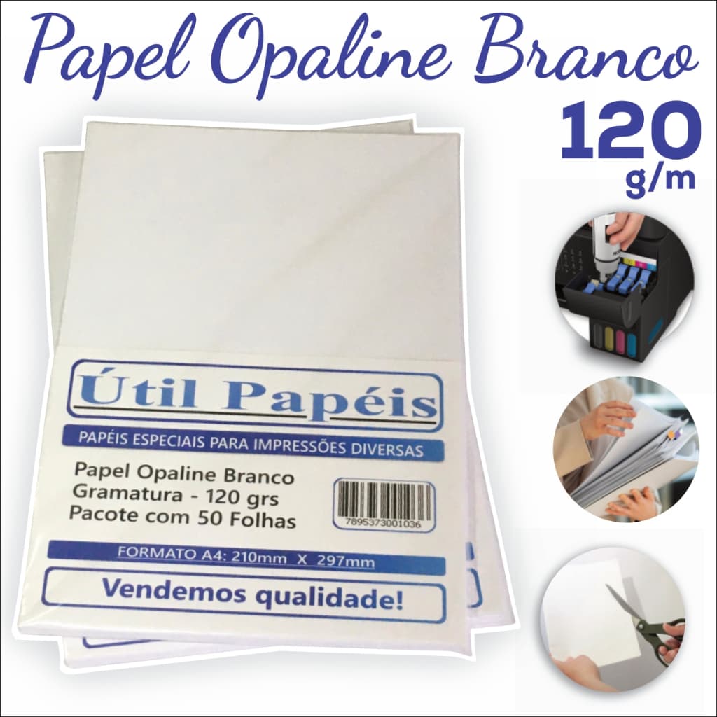 Papel Opaline 120g A4 Pacote com 50 Folhas - Branco Folha lisa OffSet 210x297 Jato de tinta e Laser